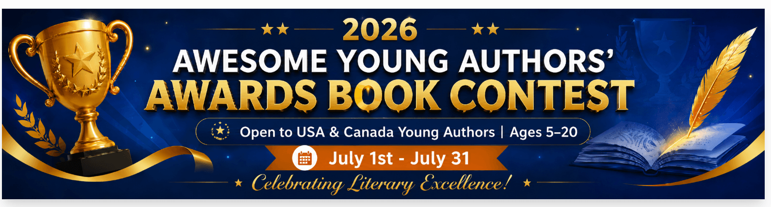 2026 Awesome Young Authors Awards Book Contest banner - Open to USA & Canada young authors ages 5-20, July 1-31